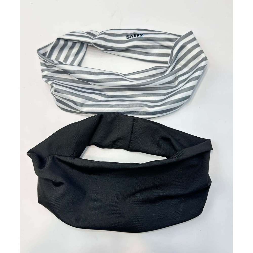 No-Slip Comfort Stretch Headband Bundle Black Gray/White Stripe 2-Pack SAE99‎